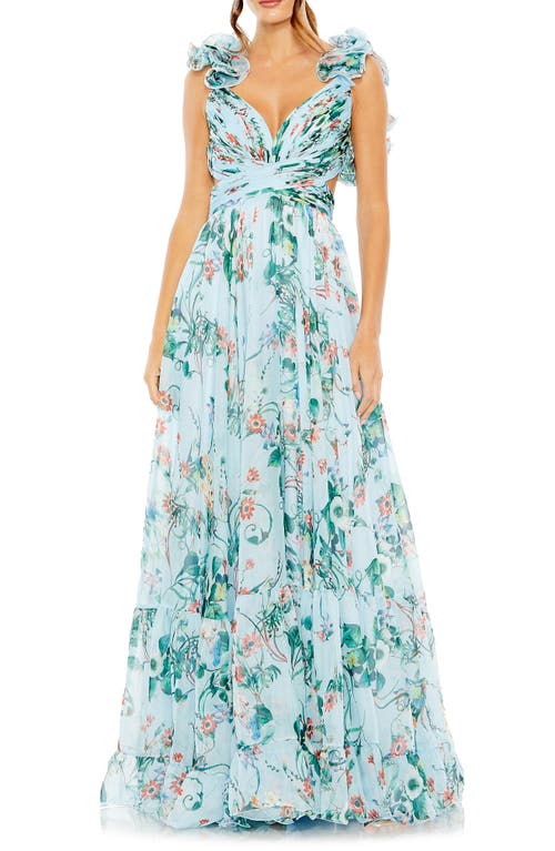 Mac Duggal Floral Cutout Waist Chiffon Gown Blue Multi at Nordstrom,