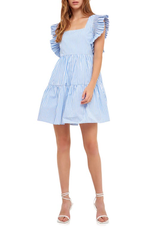 English Factory Stripe Square Neck A-Line Dress in Blue Stripe