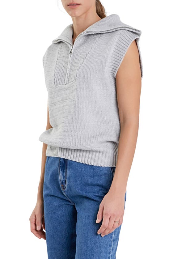 English Factory Zip Mock Neck Cap Sleeve Sweater In Grey