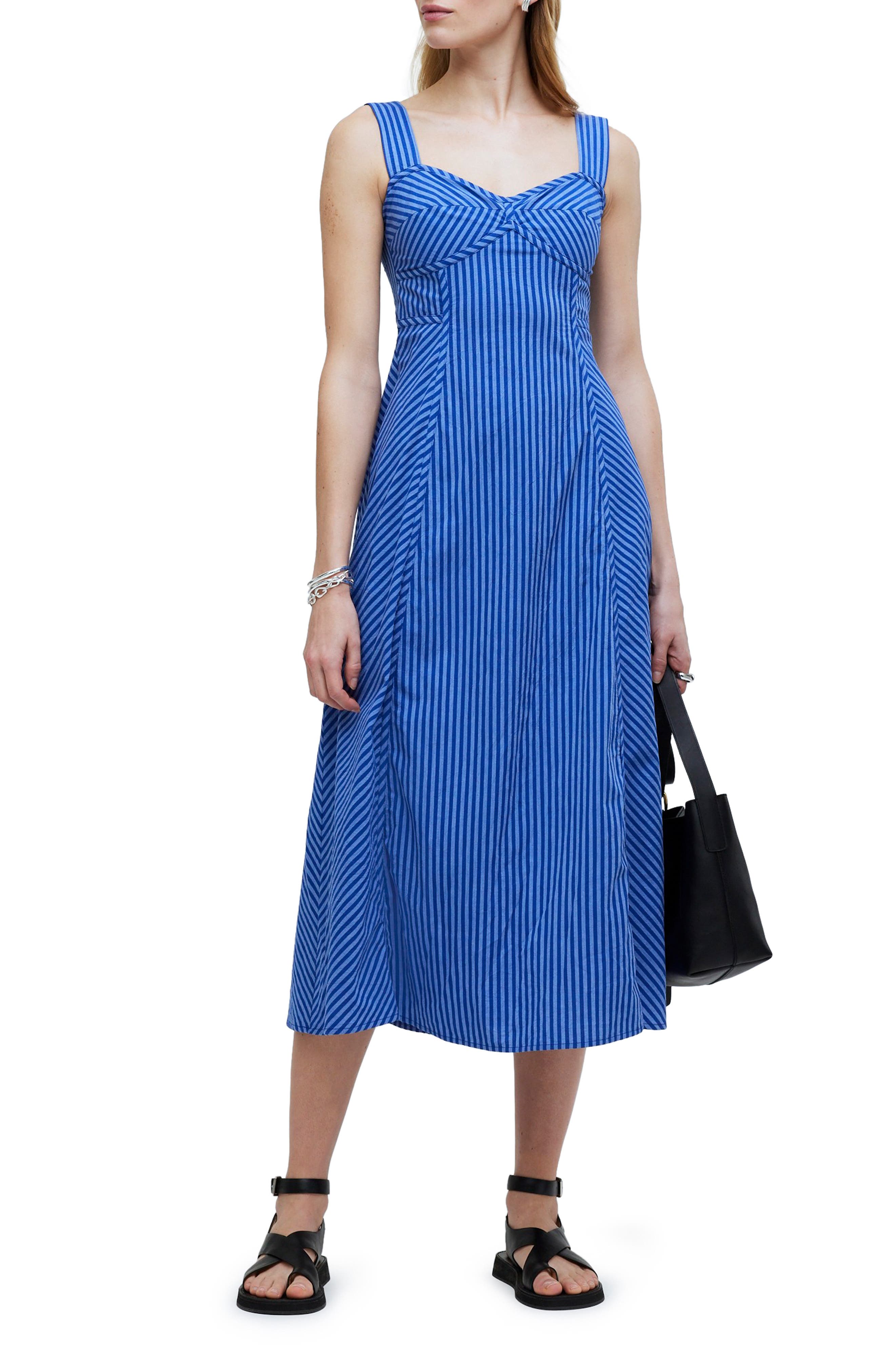 Stripe Print Sleeveless Matching Blue Midi Sling Dresses