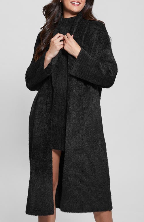 Guess Vero Fuzzy Shawl Collar Longline Cardigan In Jet Black