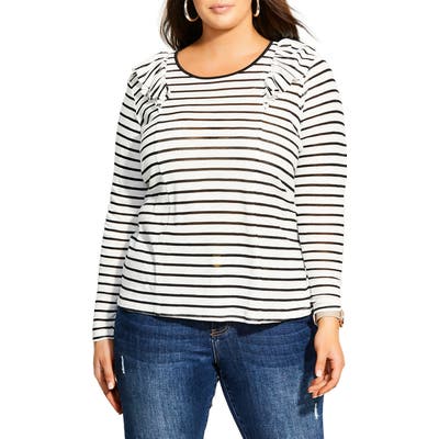Plus Size City Chic Nautical Ruffle Long Sleeve Tee, Black
