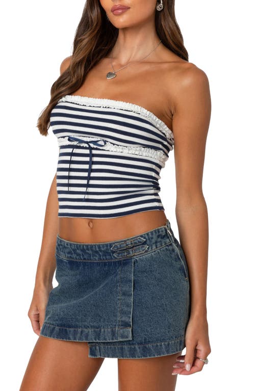 Shop Edikted Stripe Lace Trim Tube Top In Navy-and-white