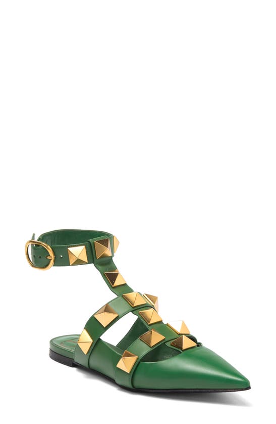 Valentino Garavani Valentino Roman Stud Ankle Strap Flat In Fern Green