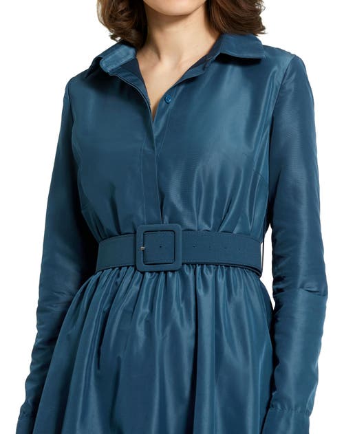 Mac Duggal Faille Long Sleeve Collared Belted Midi Dress In Deep Blue