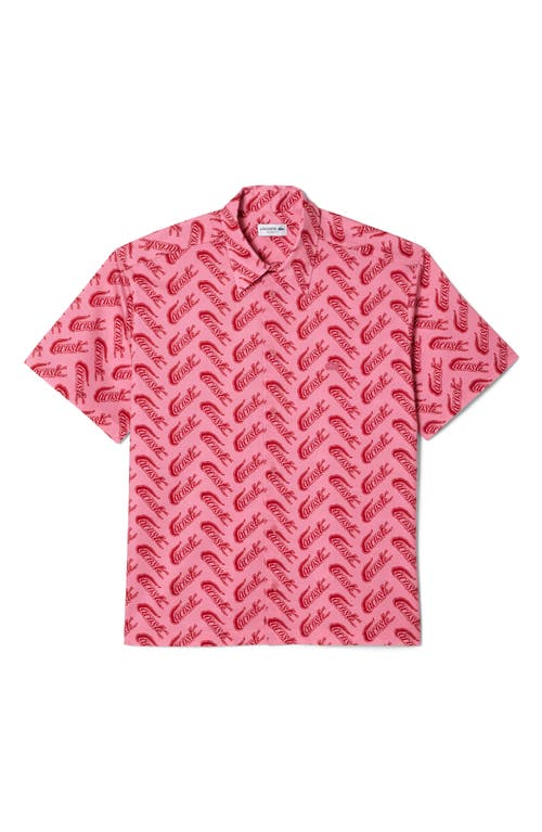 Lacoste Relaxed Fit Logo Print Short Sleeve Button-Up Shirt Lighthouse Red/Reseda at Nordstrom,