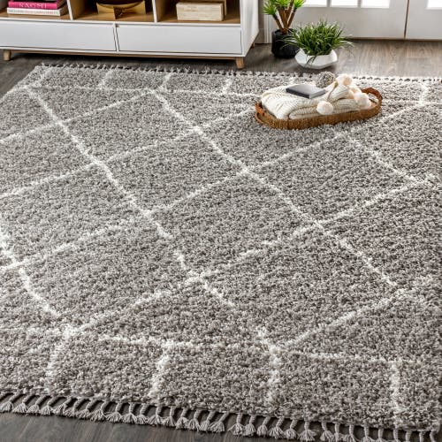 Jonathan Y Mercer Shag Plush Tassel Moroccan Geometric Area Rug In Gray/ivory