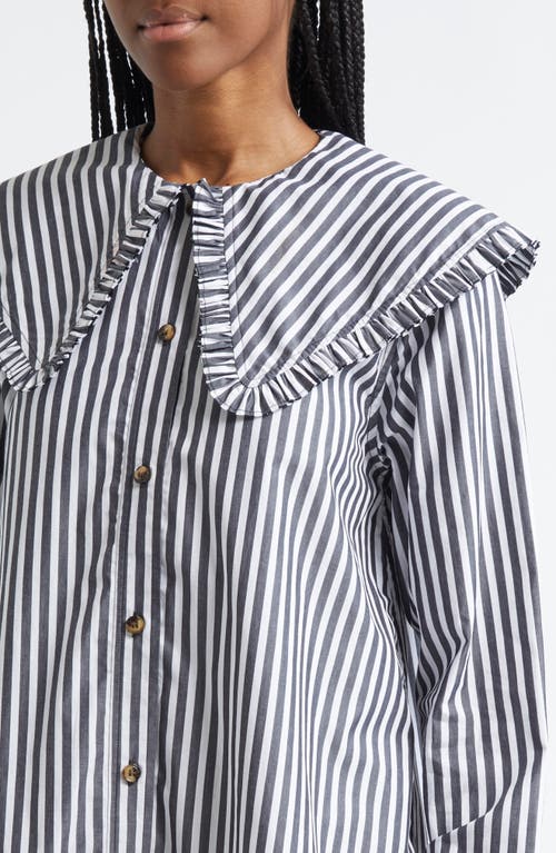 Shop Ganni Stripe Collar Long Sleeve Organic Cotton Shift Dress In Black