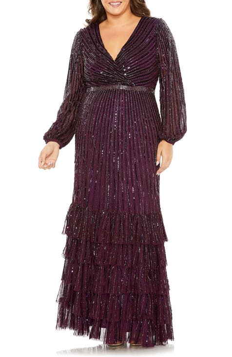 Beaded Long Sleeve Wrap Front Gown (Plus)