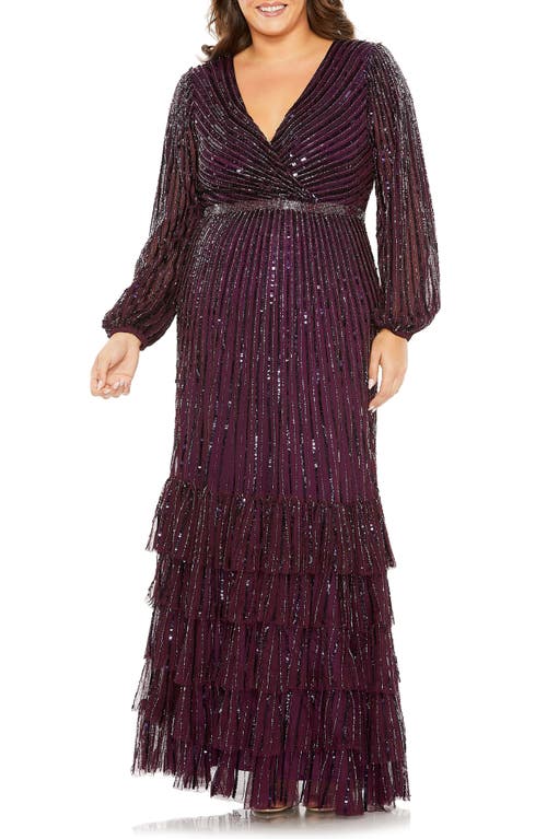 Beaded Long Sleeve Wrap Front Gown in Blackberry