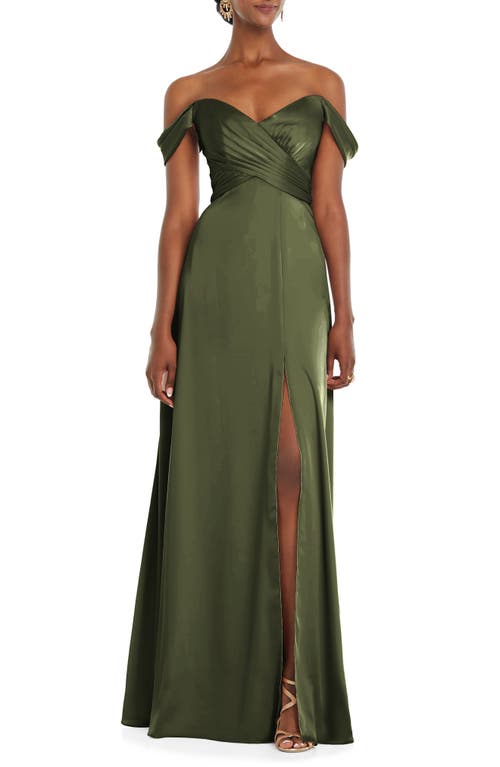 Dessy Collection Off the Shoulder Satin Gown in Olive Green