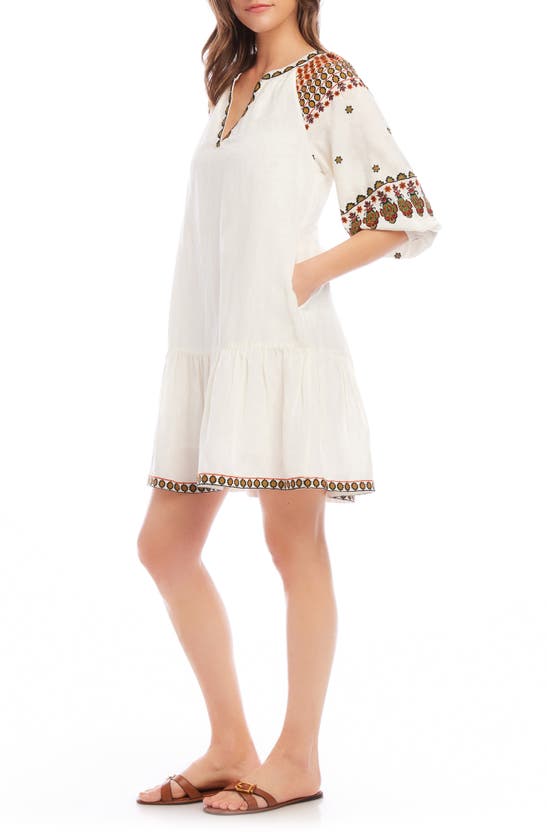 Shop Karen Kane Embroidered Linen Blend Dress In White Multi Color