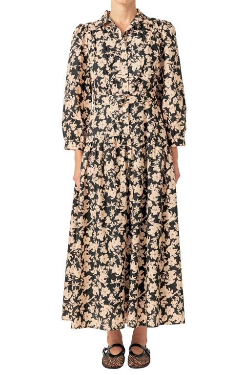 ENGLISH FACTORY ENGLISH FACTORY BELTED TIERED PRINT LONG SLEEVE COTTON MIDI DRESS 