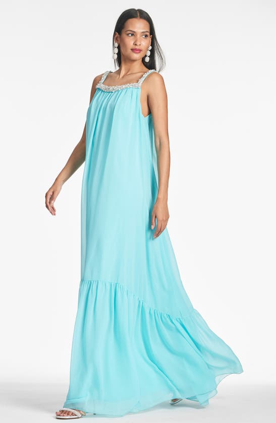 Shop Sachin & Babi Kami Imitation Pearl & Crystal Detail Chiffon Gown In Swiss Blue