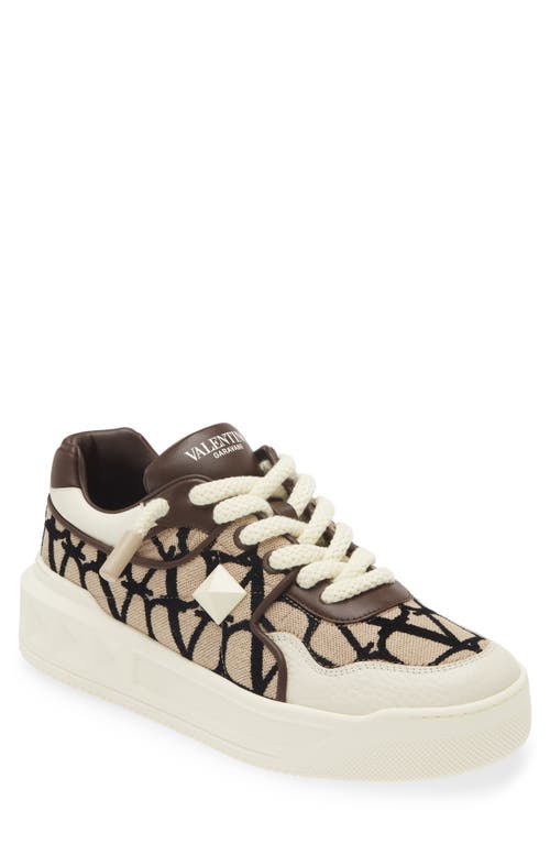 Valentino Garavani One Stud Xl Low-top Trainer In Nappa Leather And Toile Iconographe Fabric In Kfn-naturale-nero/ Ivory