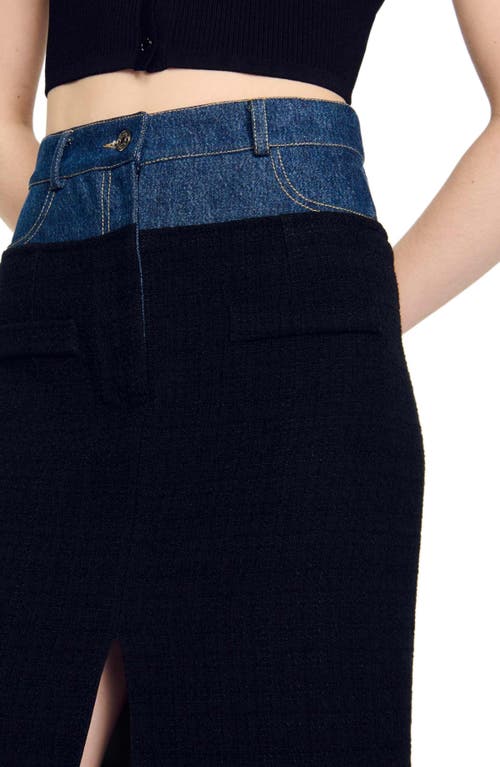 Sandro Dual-material Denim And Tweed Skirt In Black