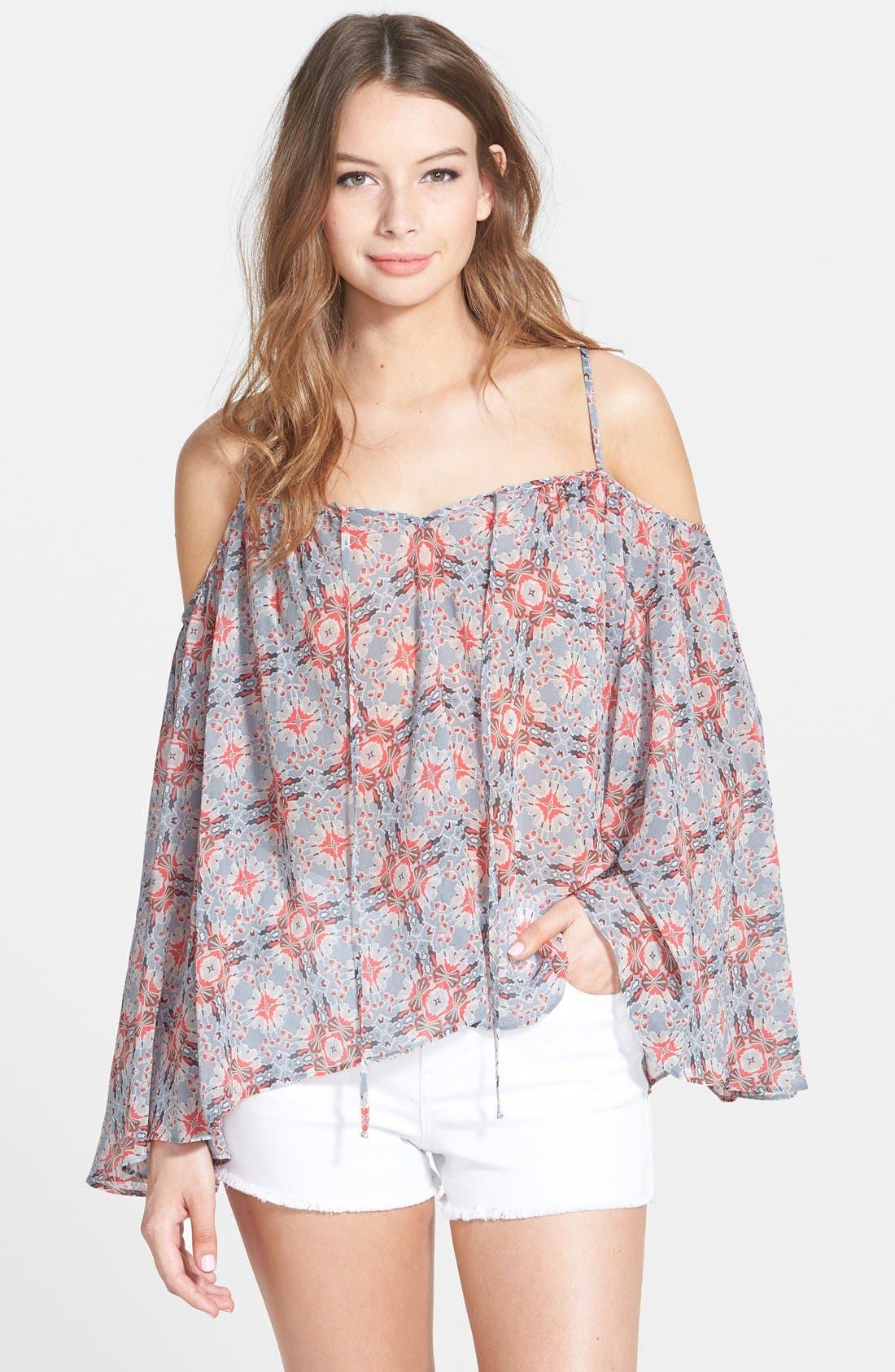 Chloe K Print Cold Shoulder Peasant Top (Juniors) Nordstrom