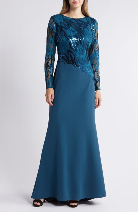Sequin Bodice Long Sleeve Gown