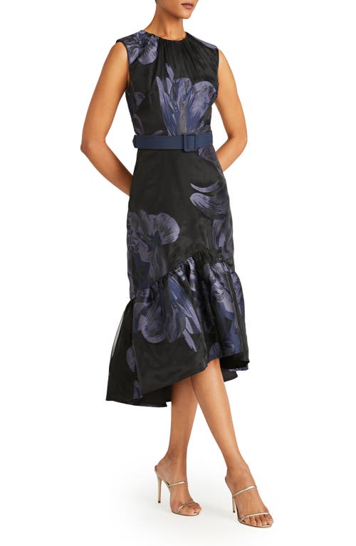 Shop Kay Unger Beatrix Belted Floral High-low Cocktail Dress In Black/dark Midnight