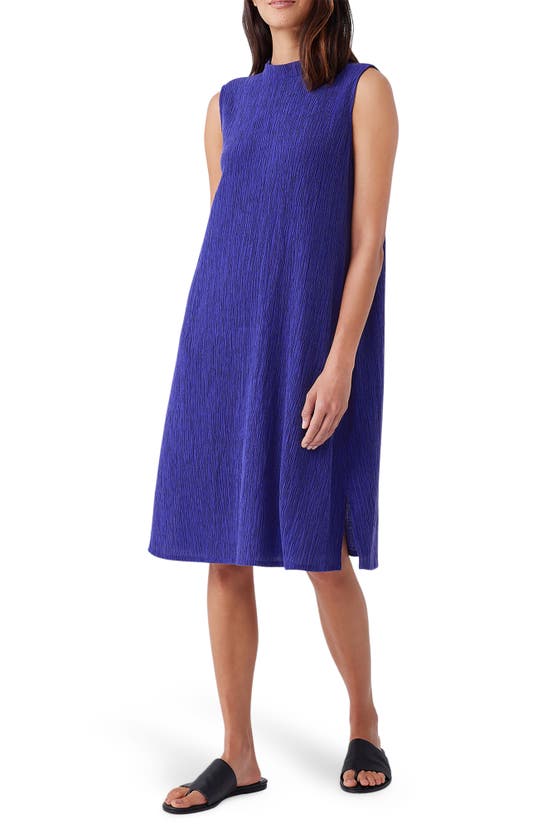 Eileen Fisher Mock Neck Plissé Dress In Blue Violet