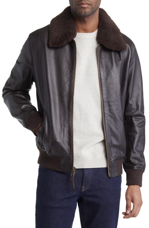 Leather Bomber Jacket with Removable Faux Shearling Collar in Dark Brown