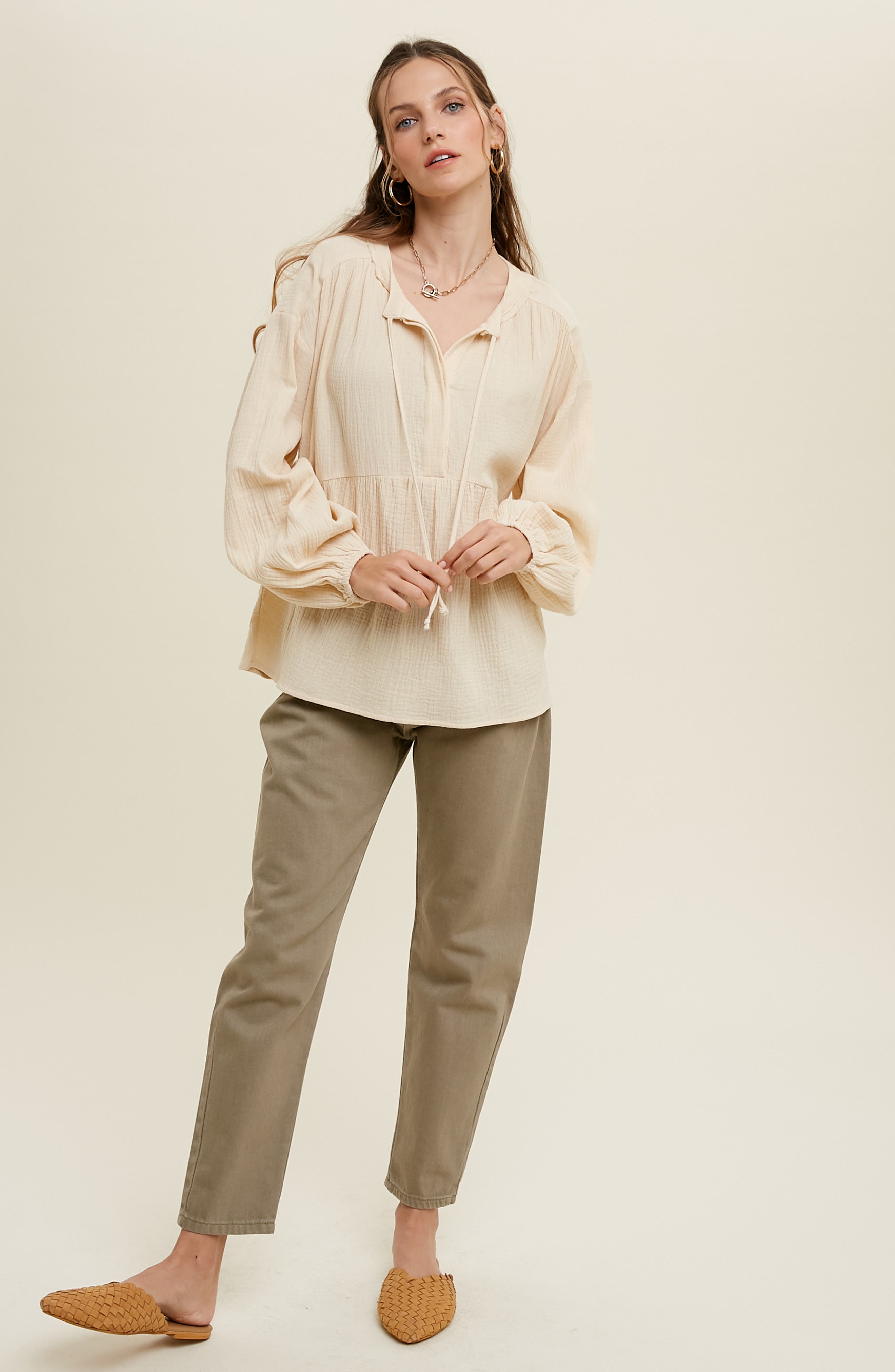 MABLE Gauze Long Sleeve Button Crop Top and Short Set main image 1