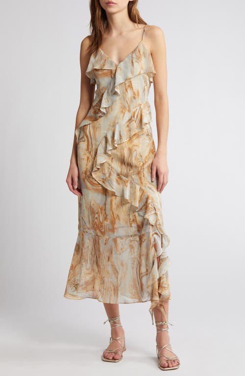 Marble Print Ruffle Midi Dress in Beige Multi