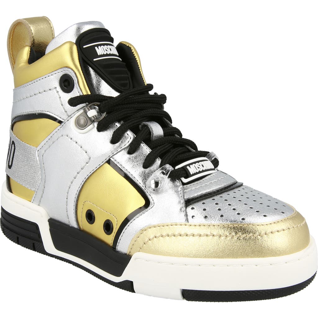 Moschino Streetball Asymmetrical High-top Sneakers In Silver/gold Multi