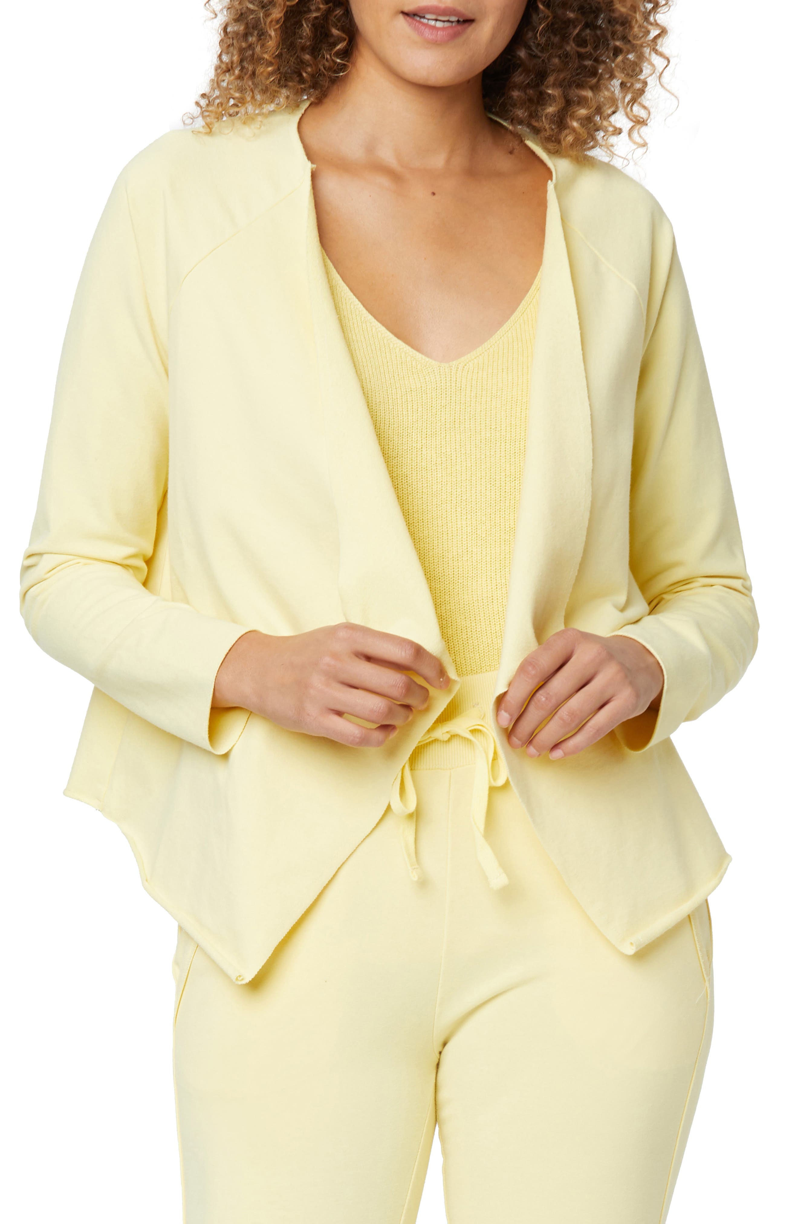 yellow open front sweater