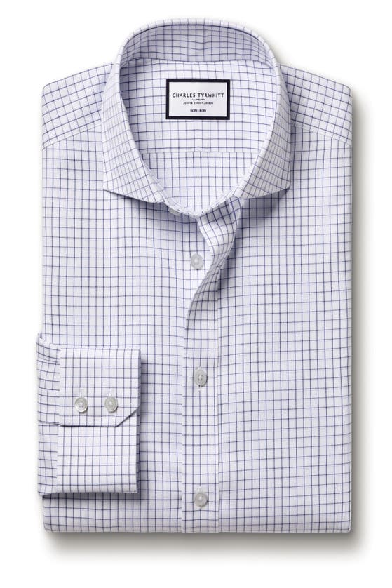 Shop Charles Tyrwhitt Check Non-iron Twill Cutaway Slim Fit Shirt Single Cuff In Royal Blue