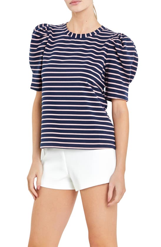Shop English Factory Stripe Puff Sleeve Top In Navy/ Pink