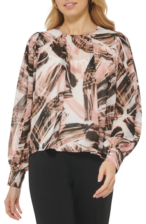Shop Dkny Abstract Print Balloon Sleeve Top In Ivory/gold Sand Multi