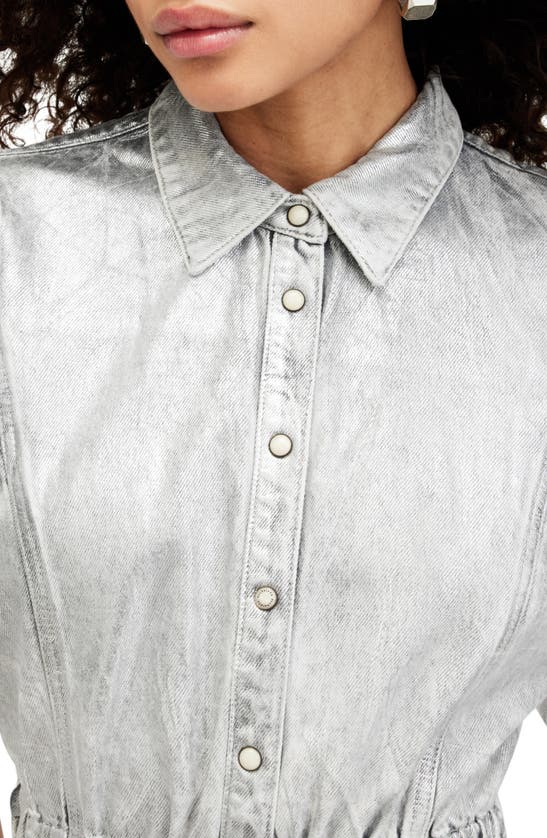 Shop Allsaints Osa Metallic Puff Sleeve Denim Shirtdress In Metallic Silver