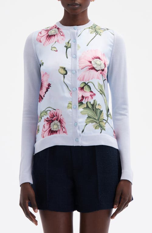 Shop Oscar De La Renta Poppy Print Silk Twill Panel Cardigan In Light Blue/pink