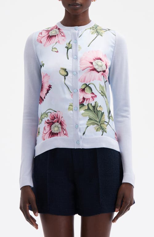 Oscar de la Renta Poppy Print Silk Twill Panel Cardigan Light Blue/Pink at Nordstrom,