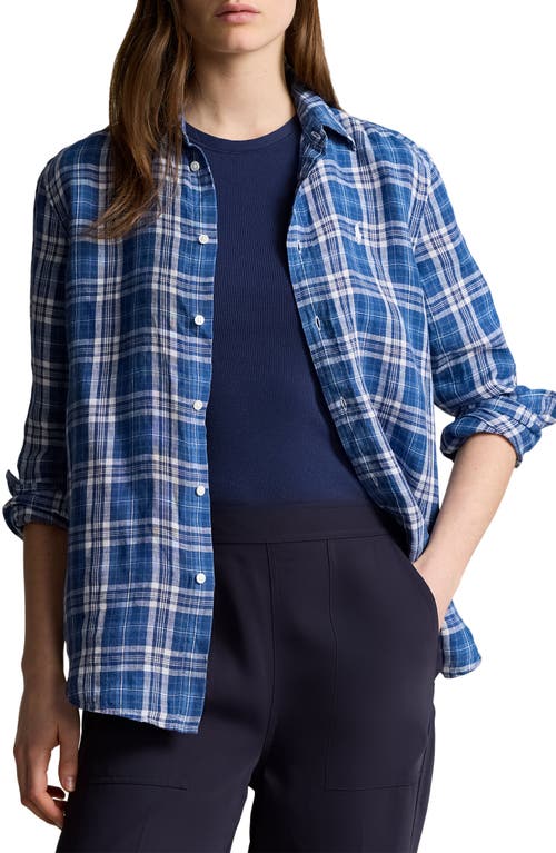 Shop Polo Ralph Lauren Plaid Linen Button-up Shirt In Blue/navy White