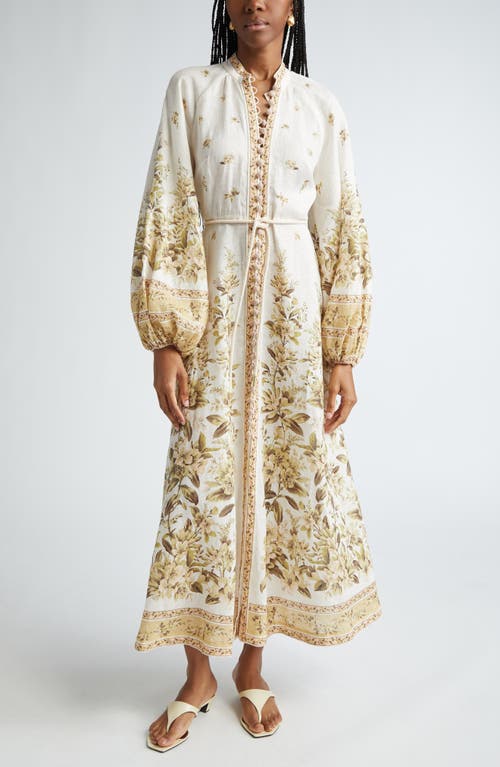 Shop Zimmermann Golden Floral Long Sleeve Buttoned Linen Dress In Sage Toile Floral