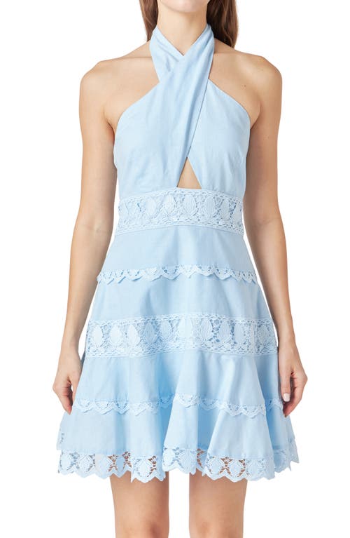 Shop Endless Rose Halter Lace Trim Cotton & Linen Minidress In Powder Blue