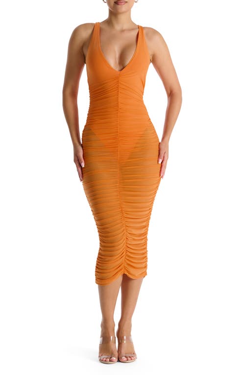 Naked Wardrobe Power Mesh Ruched Midi Dress Deep Orange at Nordstrom,