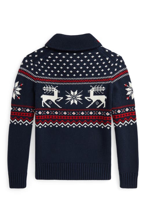 Shop Ralph Lauren Polo  Kids' Fair Isle Cotton & Wool Cowl Neck Sweater In Navy Combo