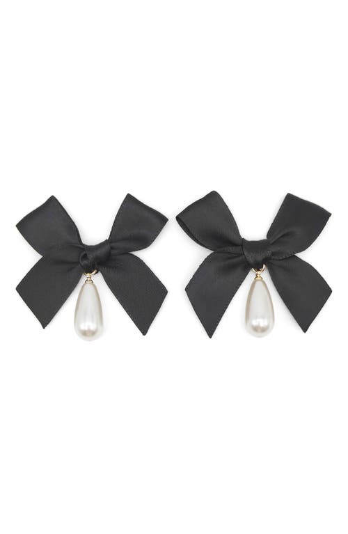 Bow Imitation Pearl Drop Earrings in Black