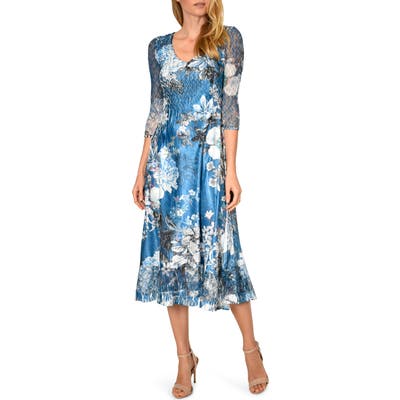 Petite Komarov Floral Print Charmeuse & Chiffon Dress, Blue