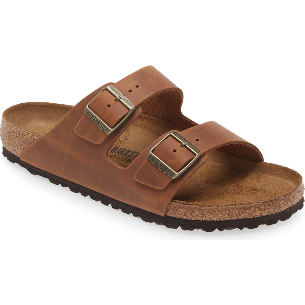 Birkenstock Arizona Soft Slide Sandal In Cognac Oiled Leather