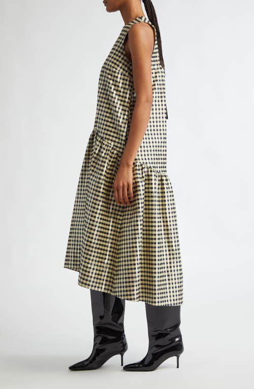 Shop Ganni Shiny Check Print Midi Dress In Lemon Icing