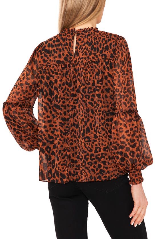 CECE LEOPARD PRINT SMOCKED LONG SLEEVE BLOUSE