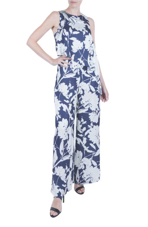 Shop Julia Jordan Floral Print Sleeveless Wide Leg Jumpsuit In Navy/ivory