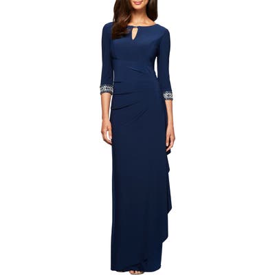 Petite Alex Evenings Embellished Side Ruched Gown, Blue