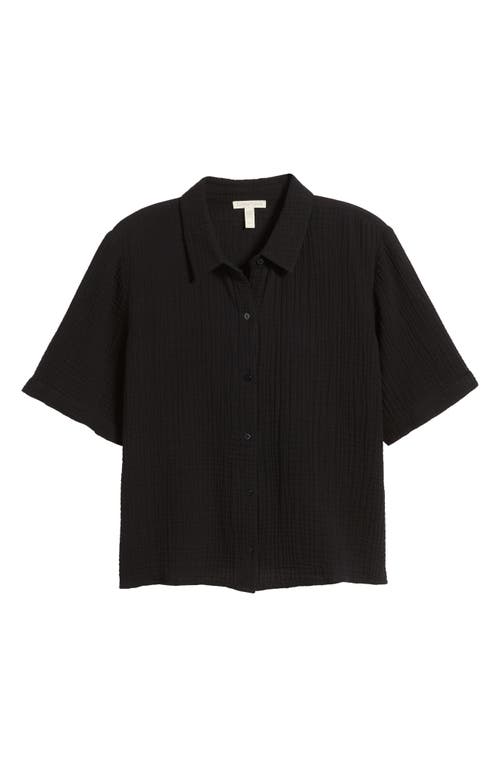 Shop Eileen Fisher Classic Short Sleeve Organic Cotton Gauze Button-up Shirt In Black