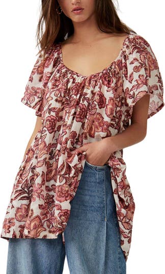 Lucky Brand Small Floral Print Knit Top Long Sleeve Ivory Burgundy Gold  Beading
