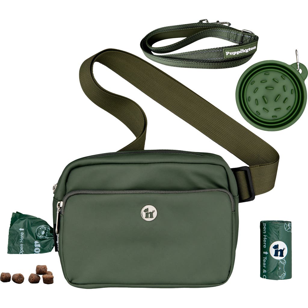 Puppington 3-in-1 Dog Walking Bag With Poop Bags Plus Travel Bowl And Reflective Leash In Basil Green